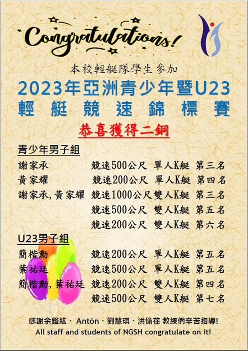 賀本校輕艇隊學生參加2023年亞洲青少年暨U23輕艇競速錦標賽榮獲2銅